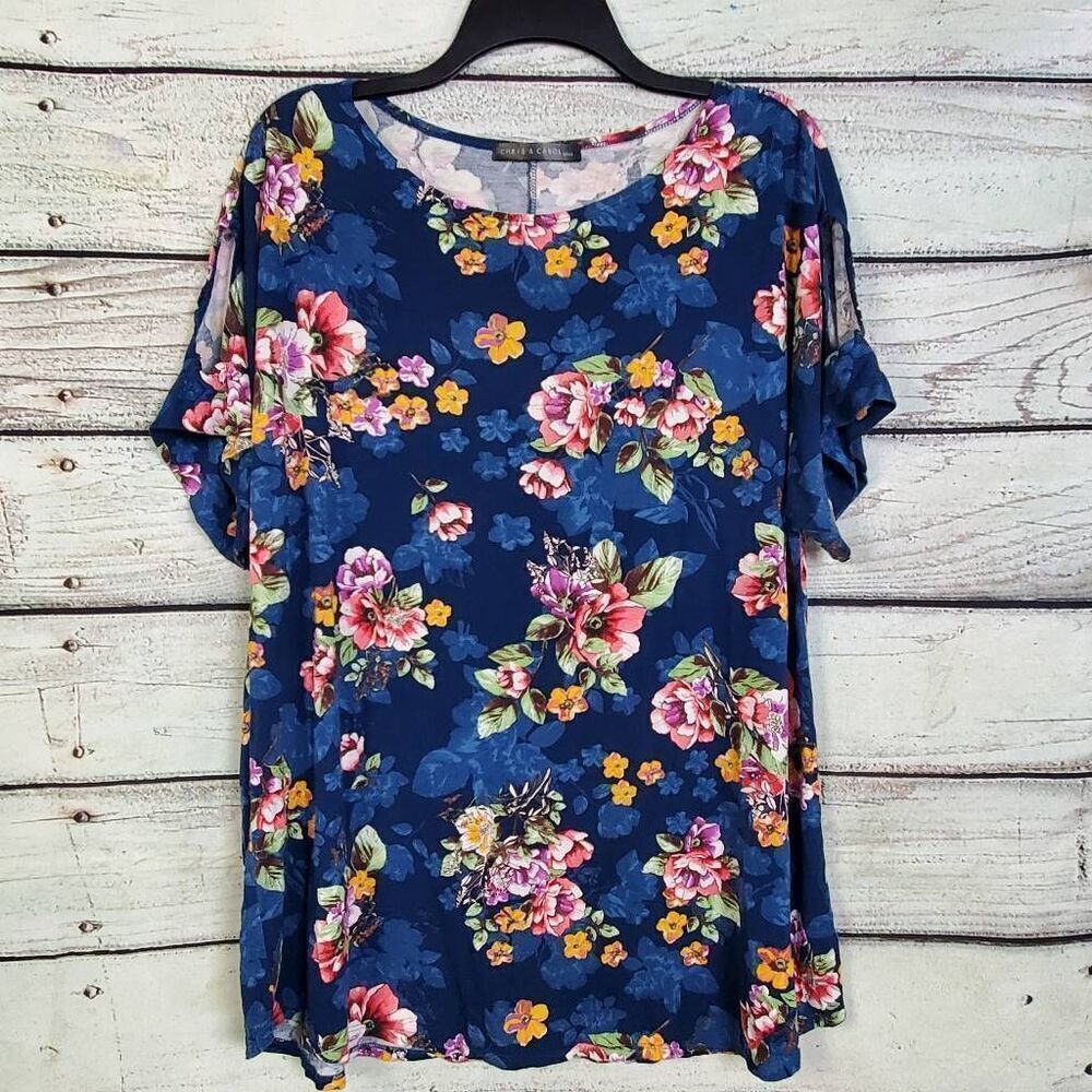 Chris & Carol Plus 1X Navy Floral Dolman Sleeve Tunic Blouse Made in USA
